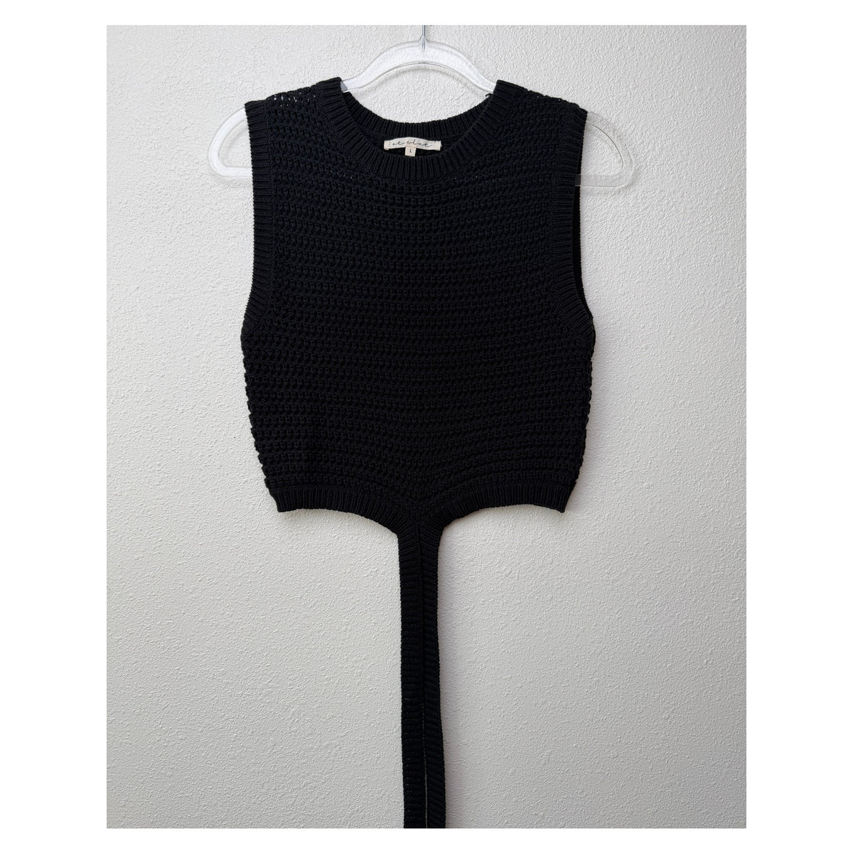 Et Clet Black Crochet Open Knit Wrap Tie Crop Sweater Vest L