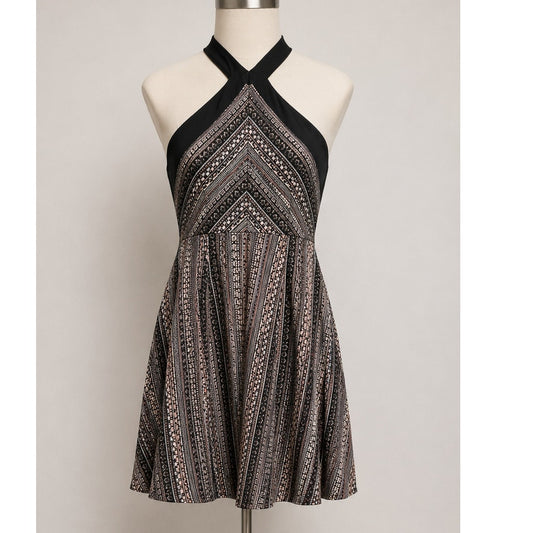 BCBG Generation Criss Cross Fit & Flare MultiColor Jacquard Halter Mini Dress 12