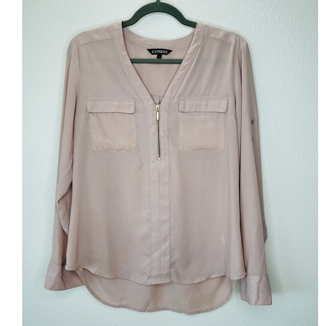 Express Pale Peach Two Pocket Zip Front Roll Tab Sleeve Popover Top M