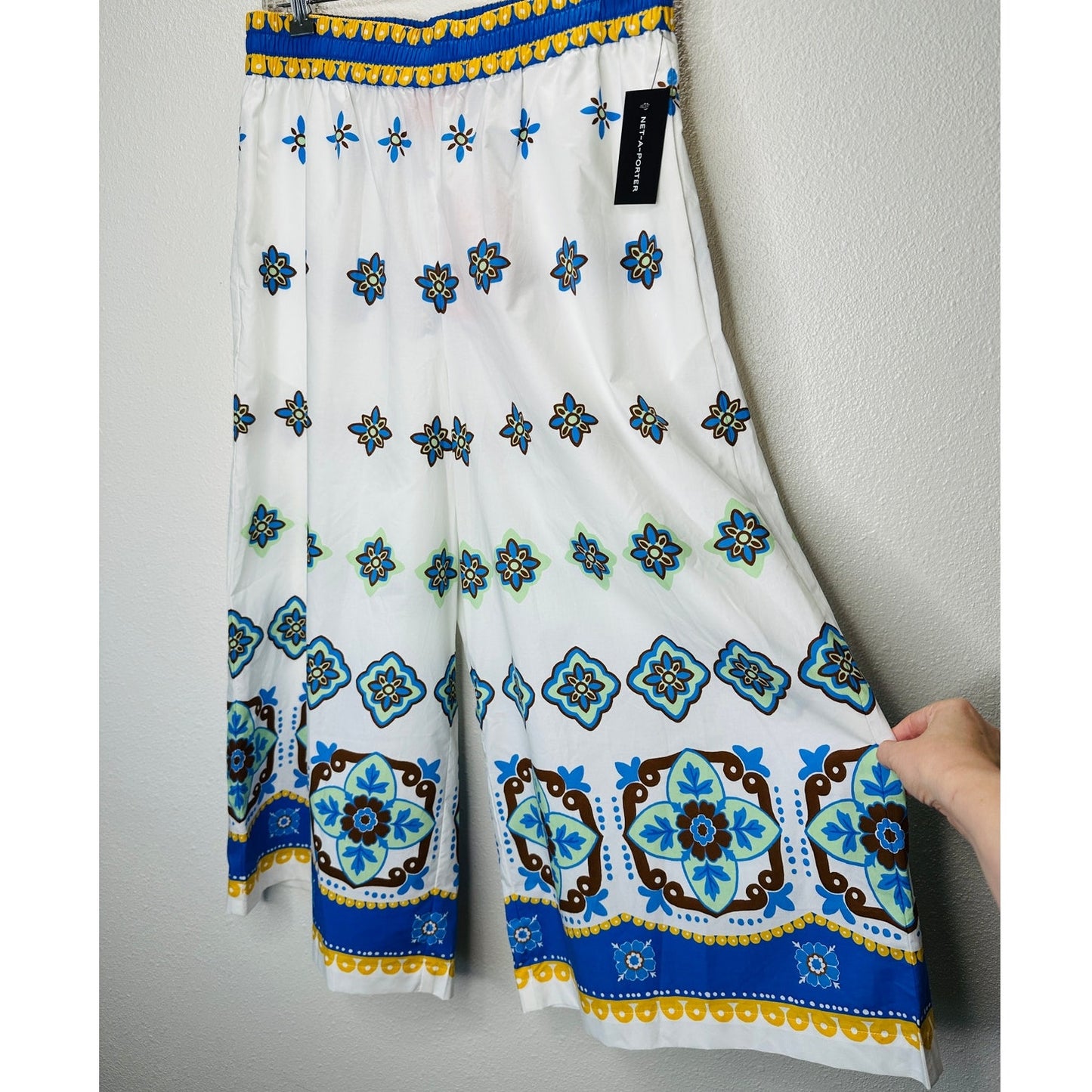 NWT La DoubleJ White Blue Printed Cropped Cotton-Poplin Wide Leg Crop Pant L