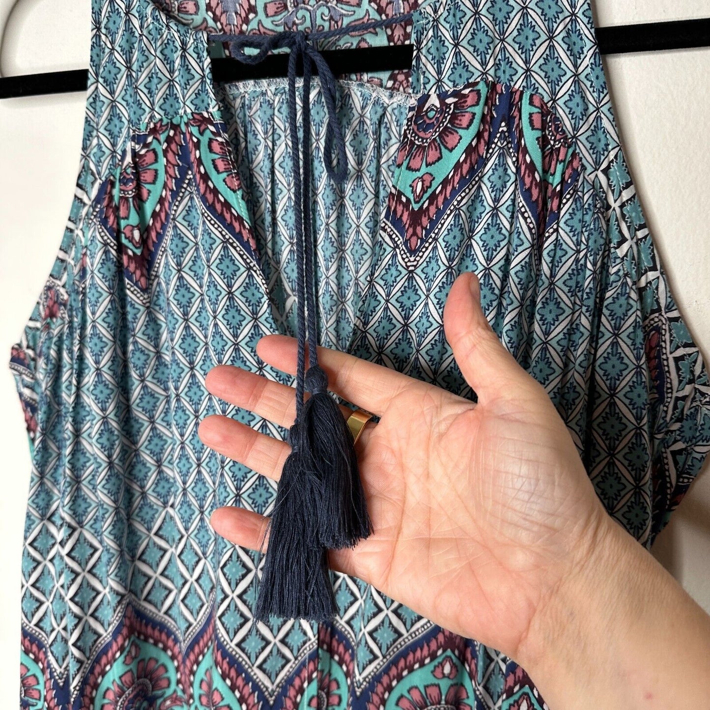 Olivaceous Teal Pink Multi Color Paisley Sleeveless Flowy Mini Tie VFront Small
