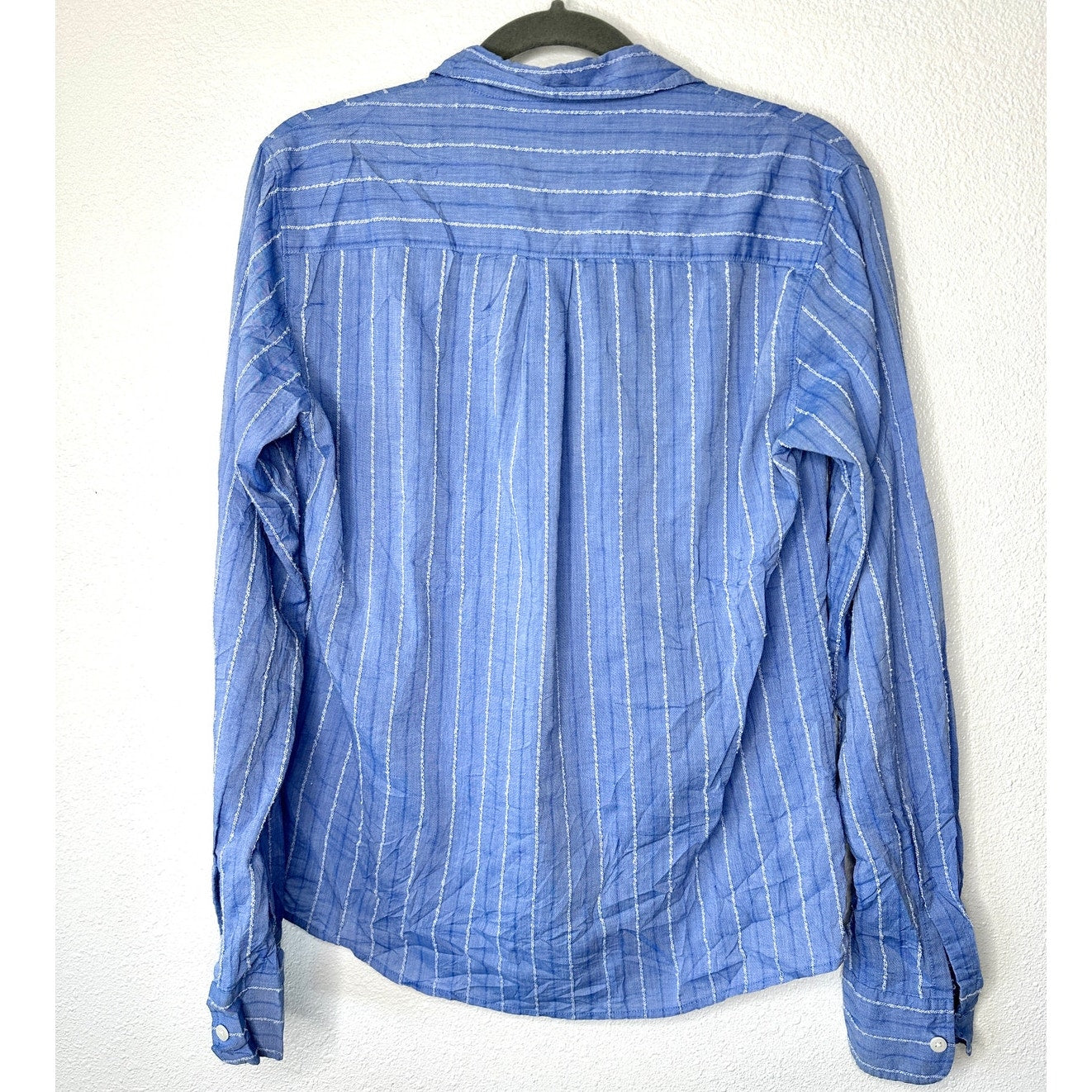 American Colors Denim Blue White Fuzzy Stitch Stripe Button Shirt M