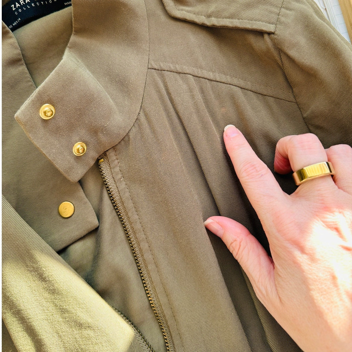 Zara Olive Green 3/4 Cuffed Sleeve Collared Zip Cinch Waist Jacket XS