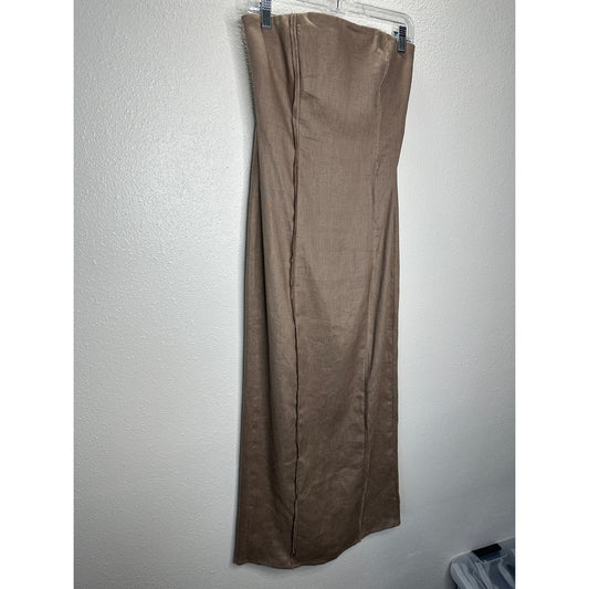 All Row Taupe Strapless Raw Pleat Front Design Back Zip Midi Dress S
