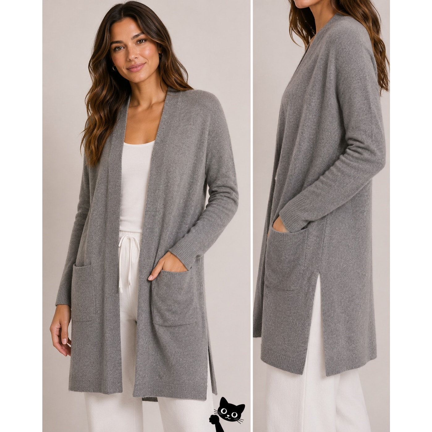 ATM Gray 100% Cashmere Open Front Long Sleeve Patch Pockets Side Slits Med
