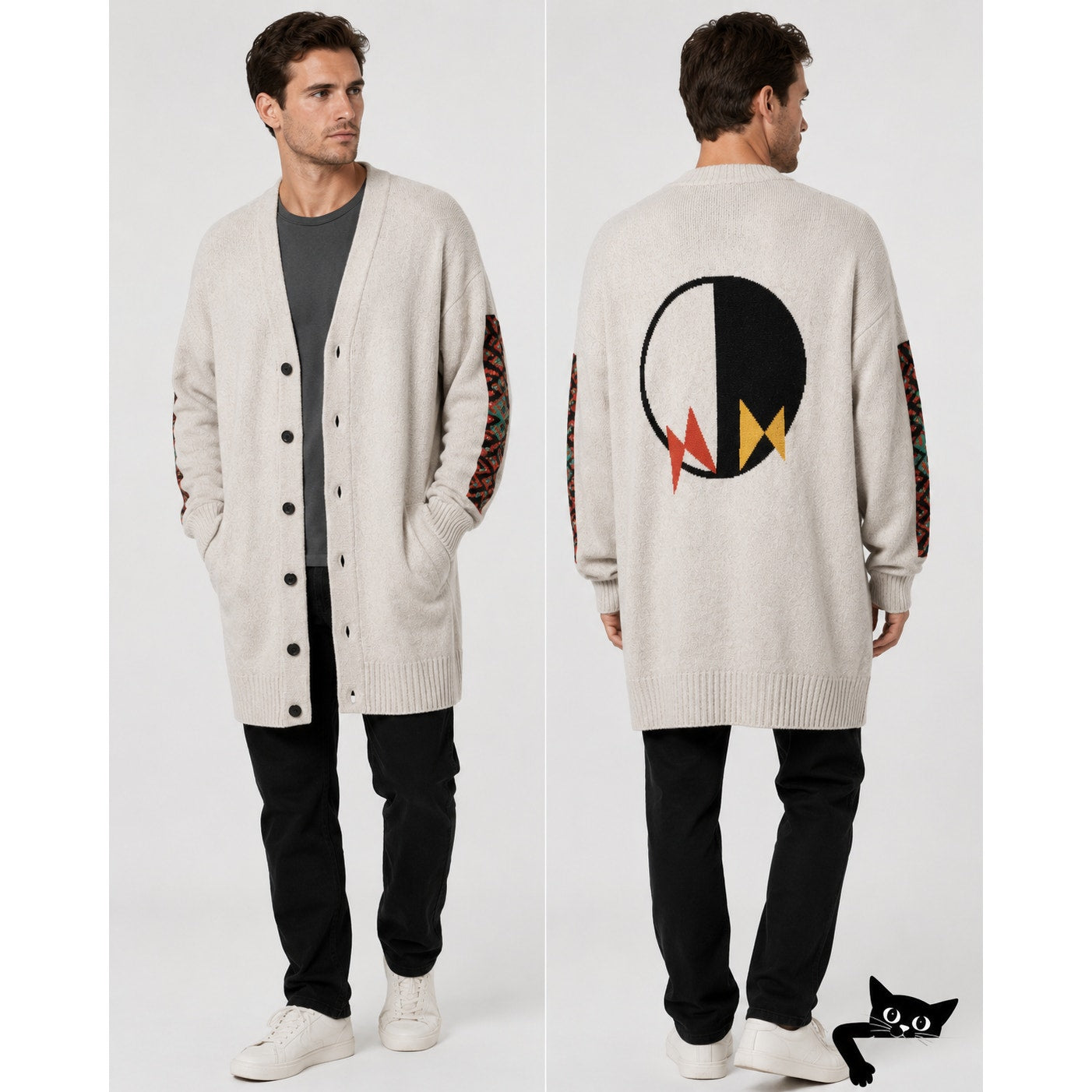 The Elder Statesman Tan Intarsia Long Line Cashmere Cardigan L