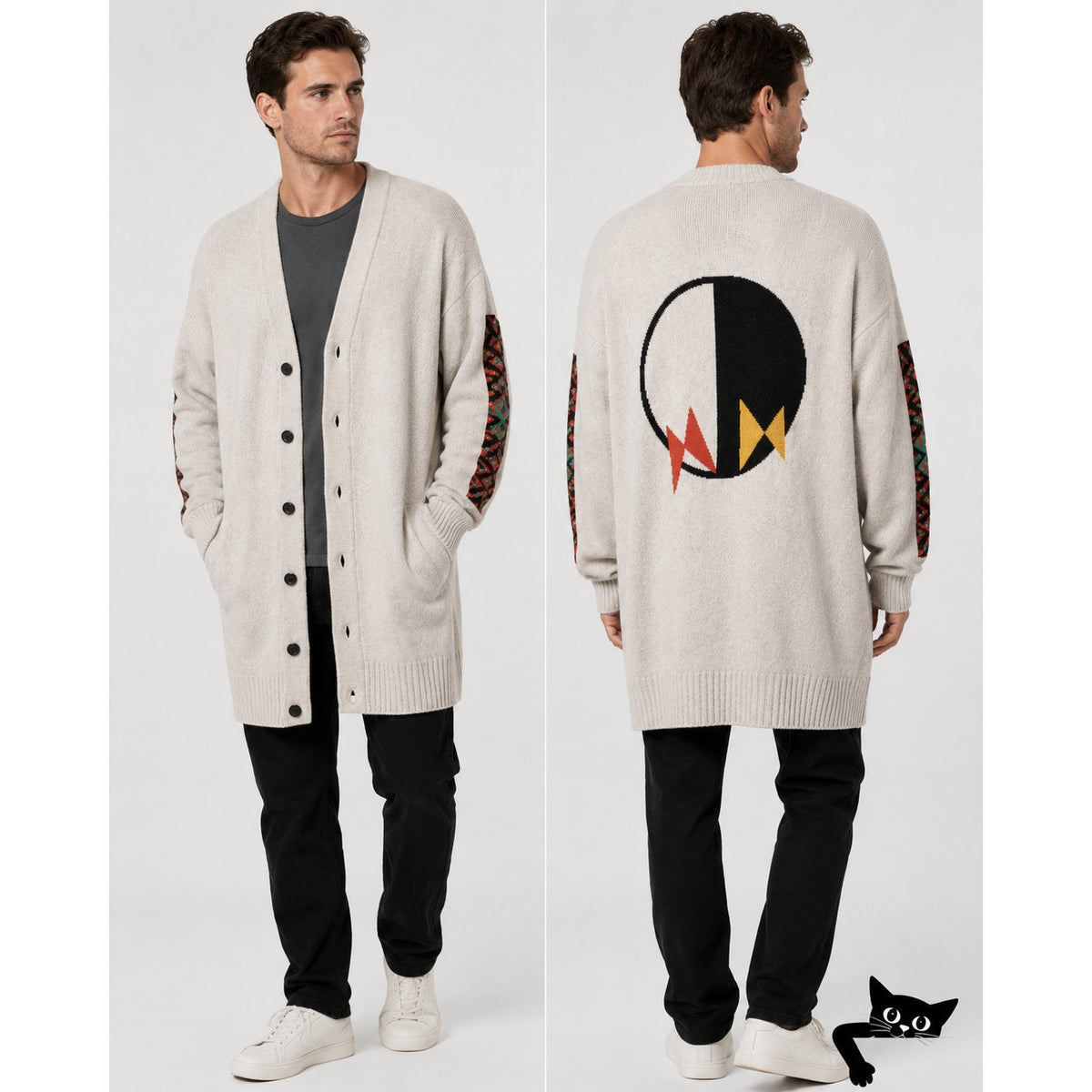 The Elder Statesman Tan Intarsia Long Line Cashmere Cardigan L
