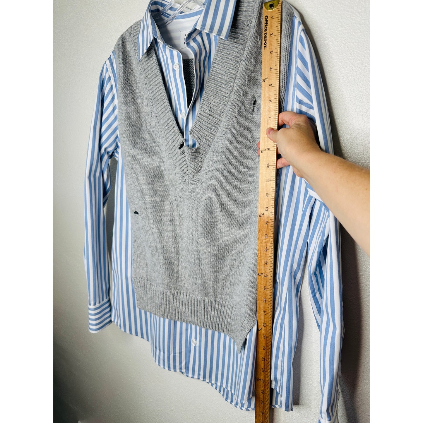 Maison Margiela Distressed Gray Vest Layered Blue & White Stripe Shirt