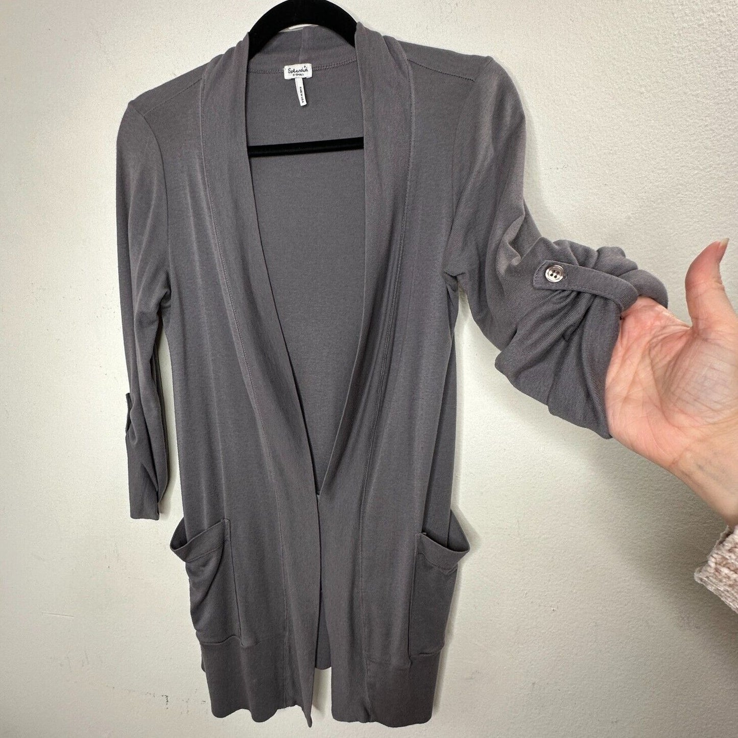 Splendid Slate Gray Open-Front Roll Tab Sleeve Front Pocket Stretch Cardigan XS