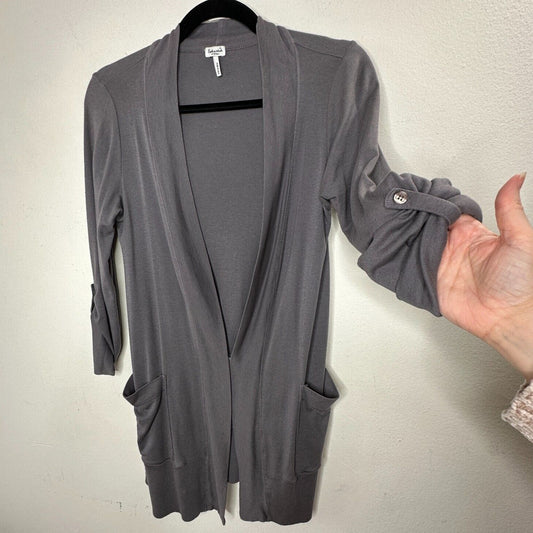 Splendid Slate Gray Open-Front Roll Tab Sleeve Front Pocket Stretch Cardigan XS