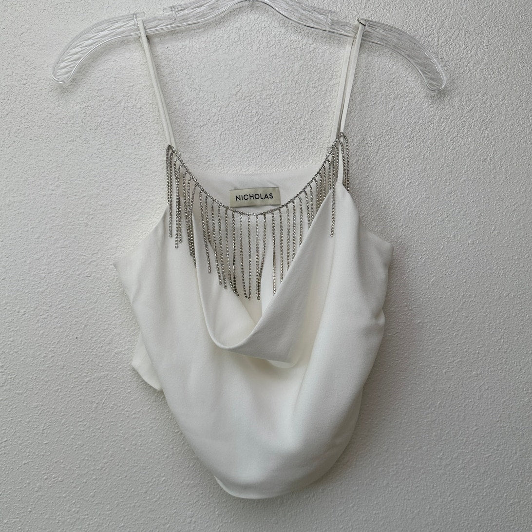 Nicholas Rhinestone Fringe Cowl Neck Ivory Crop Top – Women’s M