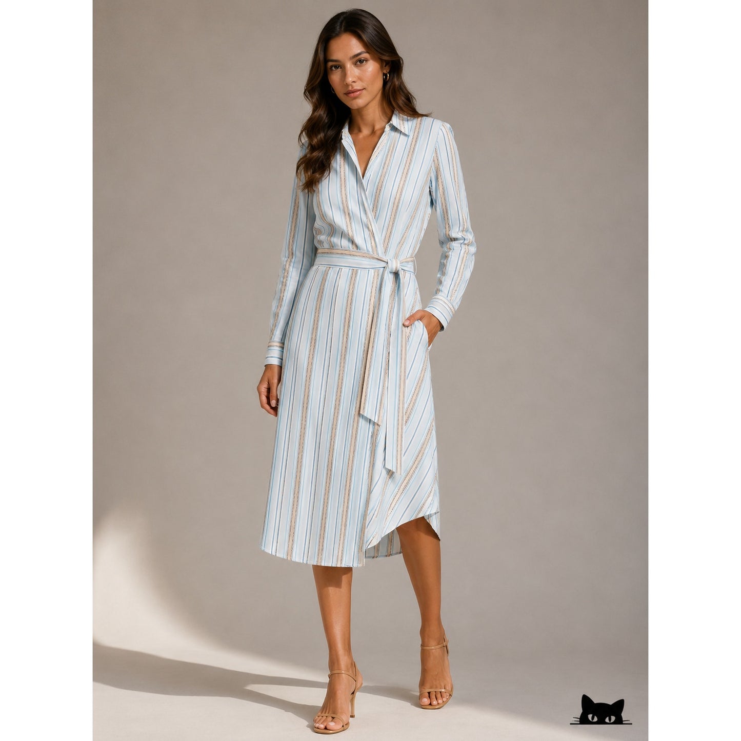 NWT Loro Piana Teal White Brown Stripe Front Button Tie Sash Wrap Dress XL