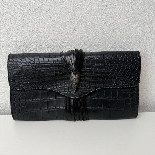 RARE Raven Kauffman Couture Black Croc Leather Bird Head Envelope Clutch Bag