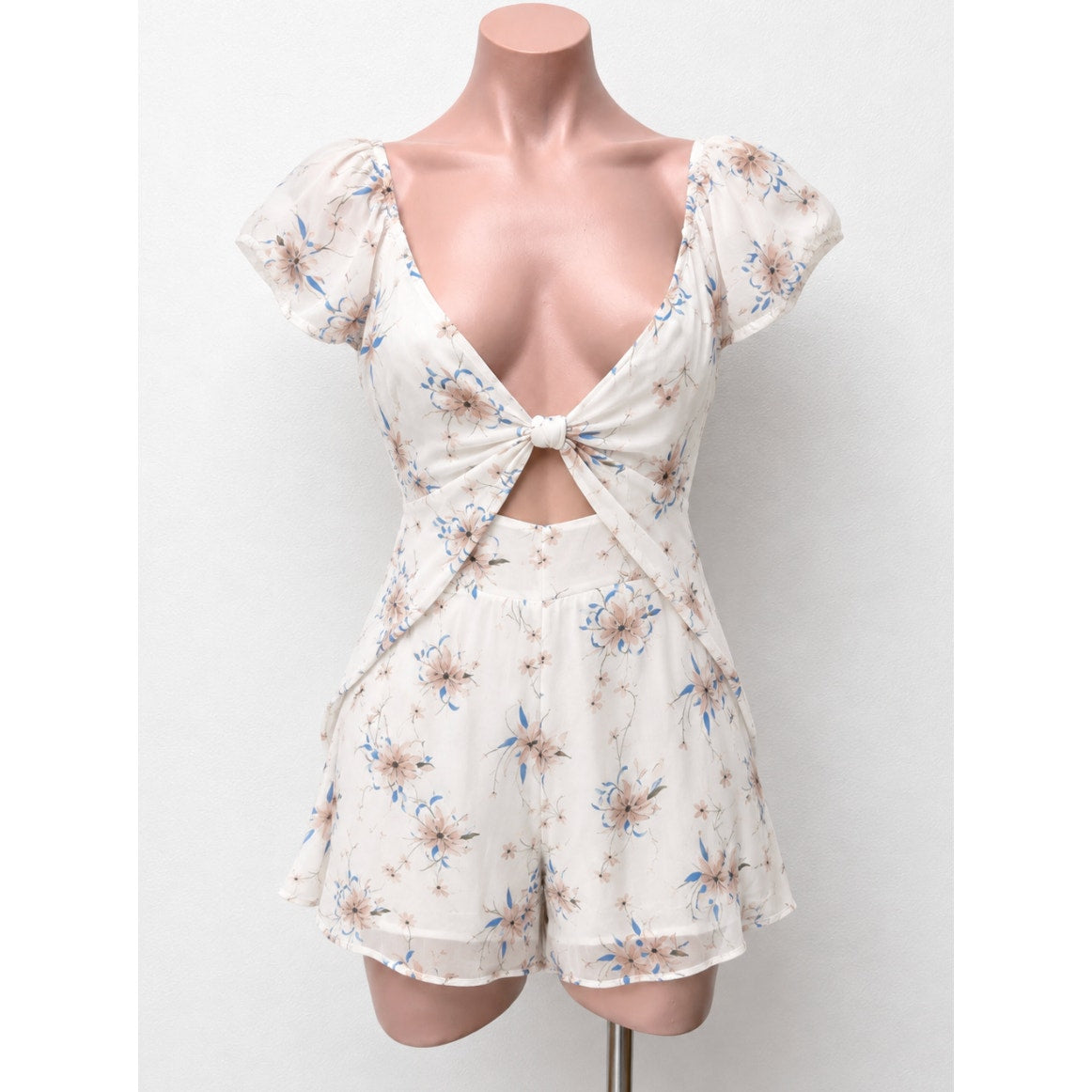 NWT OHS Ivory With Pink & blue Floral Off Shoulder Front Tie Keyhole Romper M