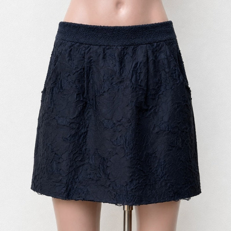 H&M Black Tiered Burnout Jacquard Weave Lace Pockets Back Zip Mini Skirt 8