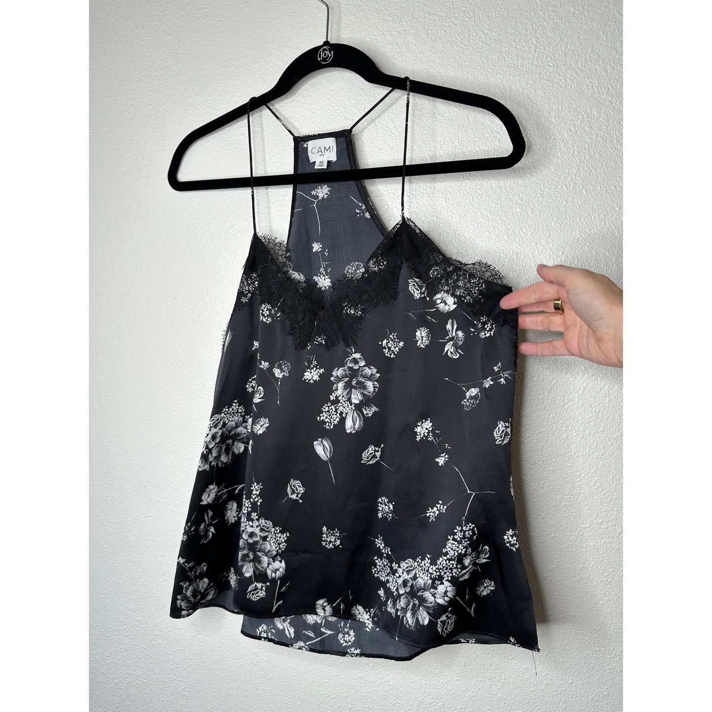 Cami NYC Black White Floral Lace Trim Silk Racer Cami Tank Top XS