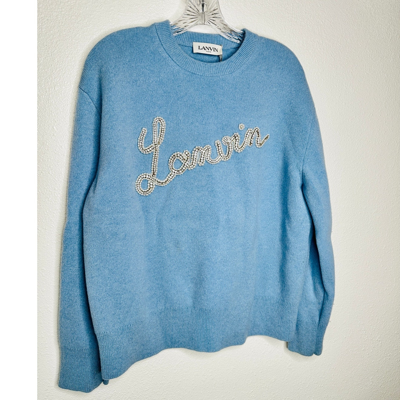 Lanvin Girls Pearl Logo Cashmere Sweater Baby Blue Size 12