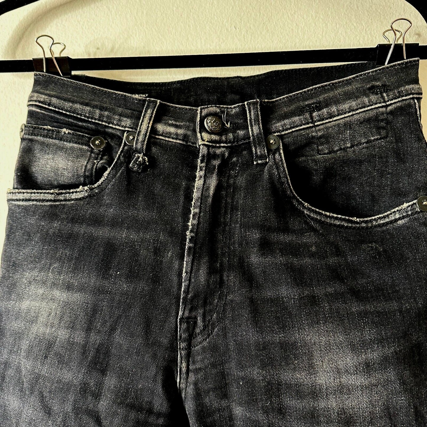 R13 High Rise Aiden Black Stone Wash Skinny Jeans Distressed Knees & Hem Size 26
