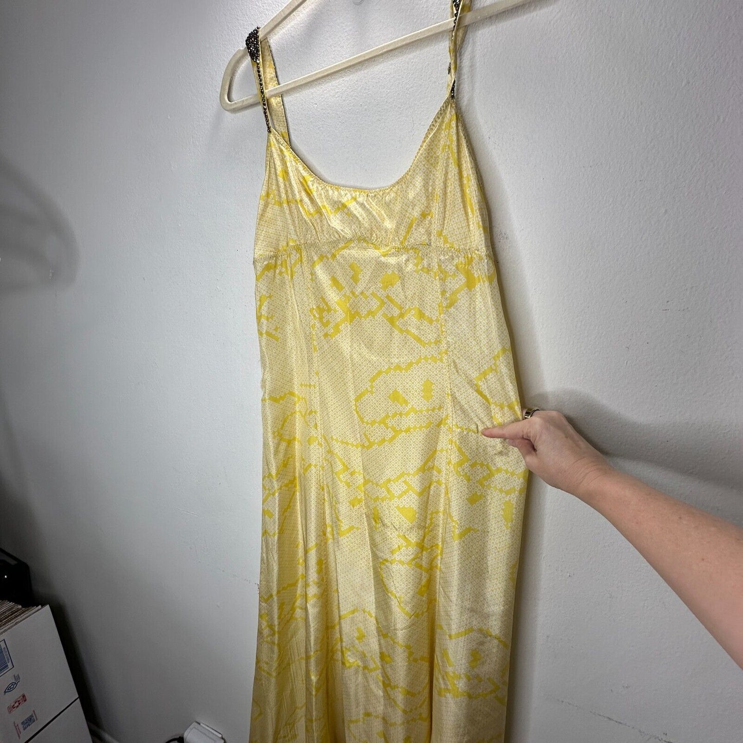 YA-YA 100% Silk Yellow Snake Print Round Neck Amber Beaded Straps Slip Maxi S