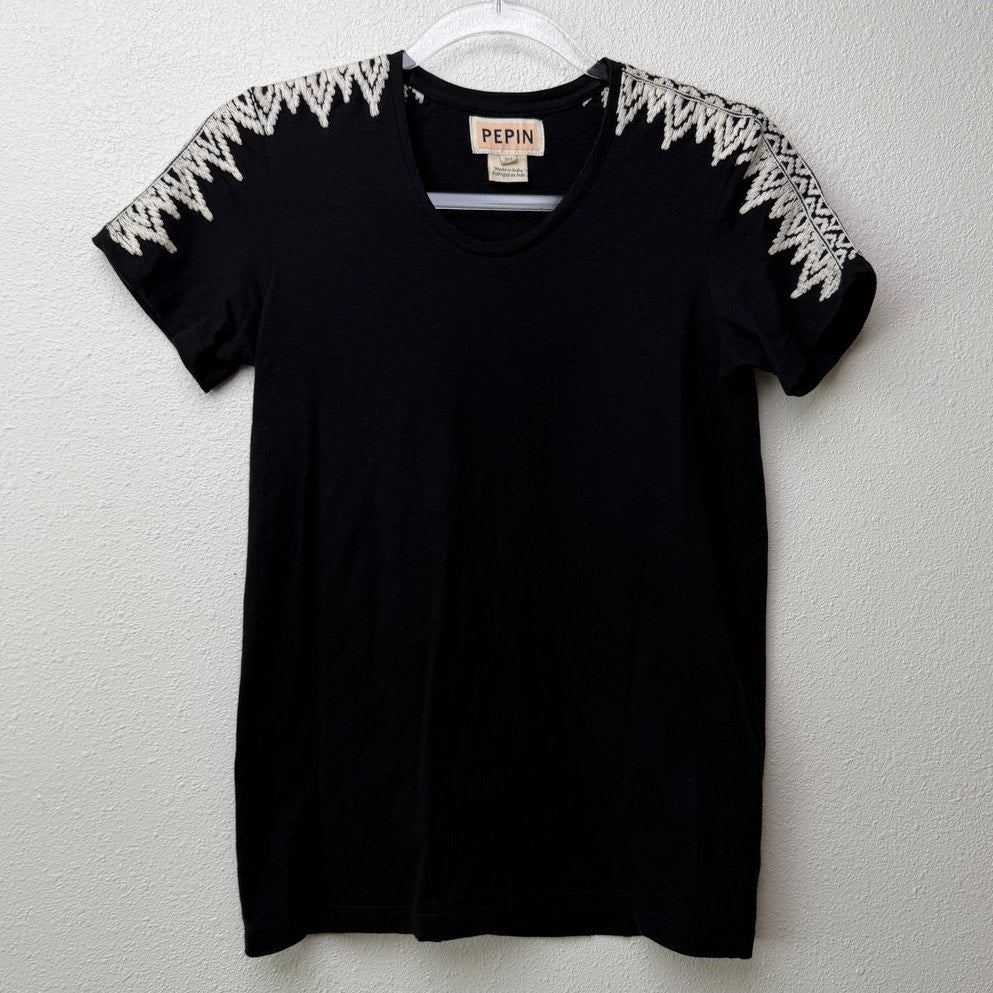 Pepin Black Short Sleeve Shirt with Embroidered Shoulders – XS