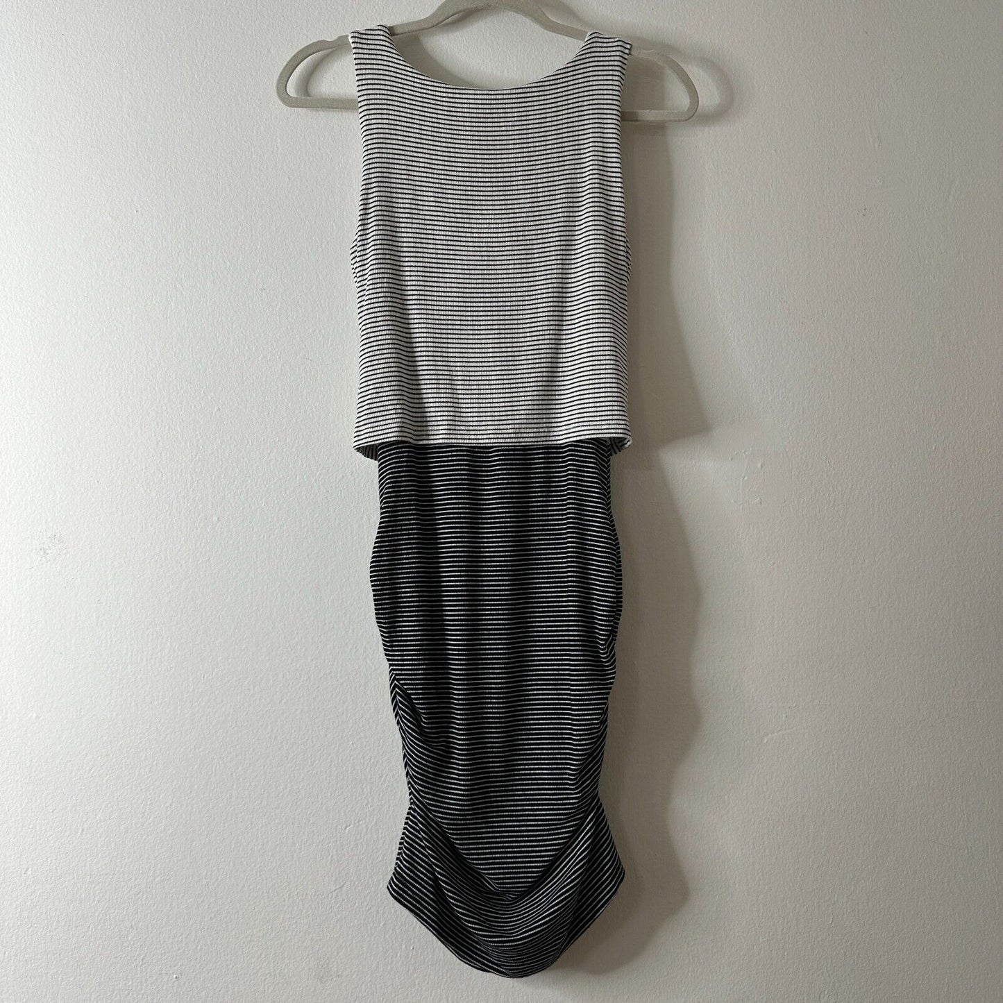 Allison Joy Kit Striped Twist Front Ruched Knit Dress Black and White Dress XS