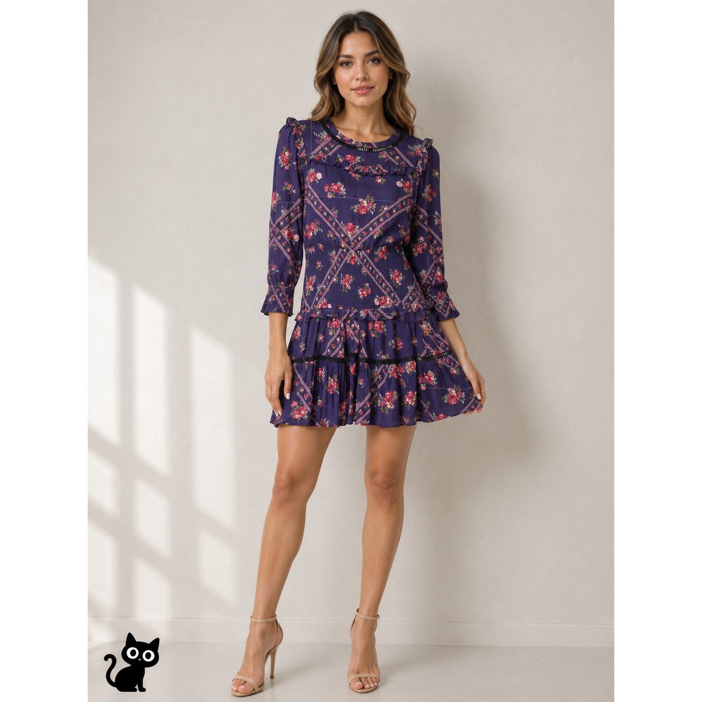 Rahi Cali Purple Multi Color Floral Print 3/4 Sleeve Ruffle Mini Dress XS