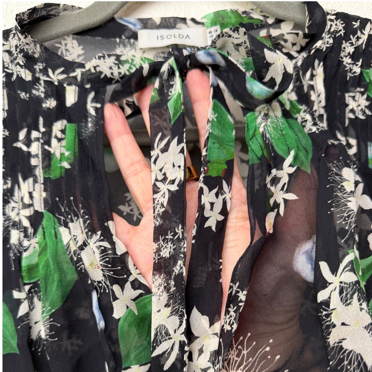 Isolda Silk Floral Tie Neck Sheer Blouse Black Green Women's US M