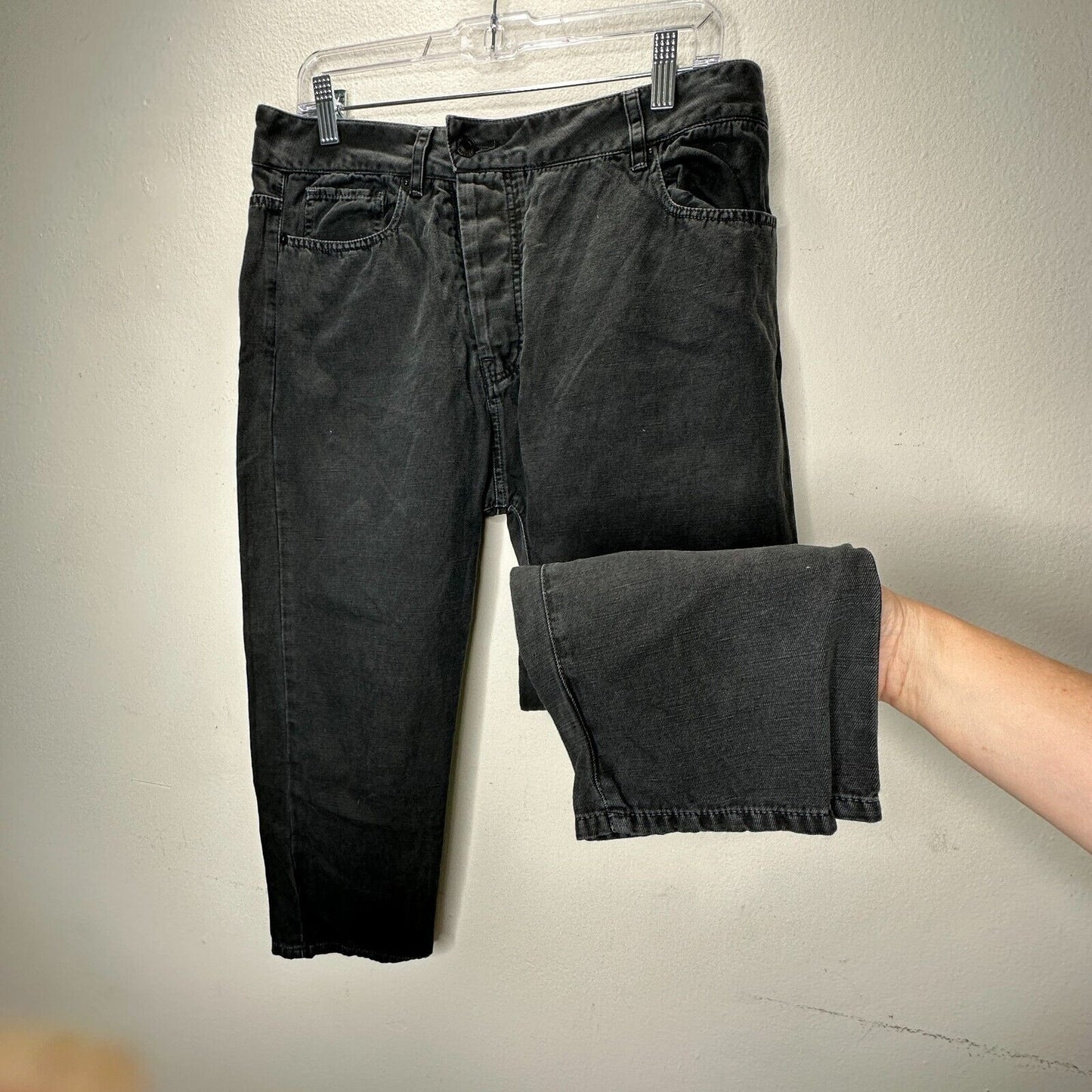 Nili Lotan Muted Black Drop Crotch Button Front Cropped Denim Jeans Size 6