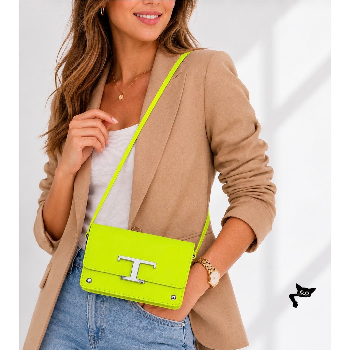NWT Tod's T Timeless Neon Yellow/Lime Leather Micro Belt Bag Purse
