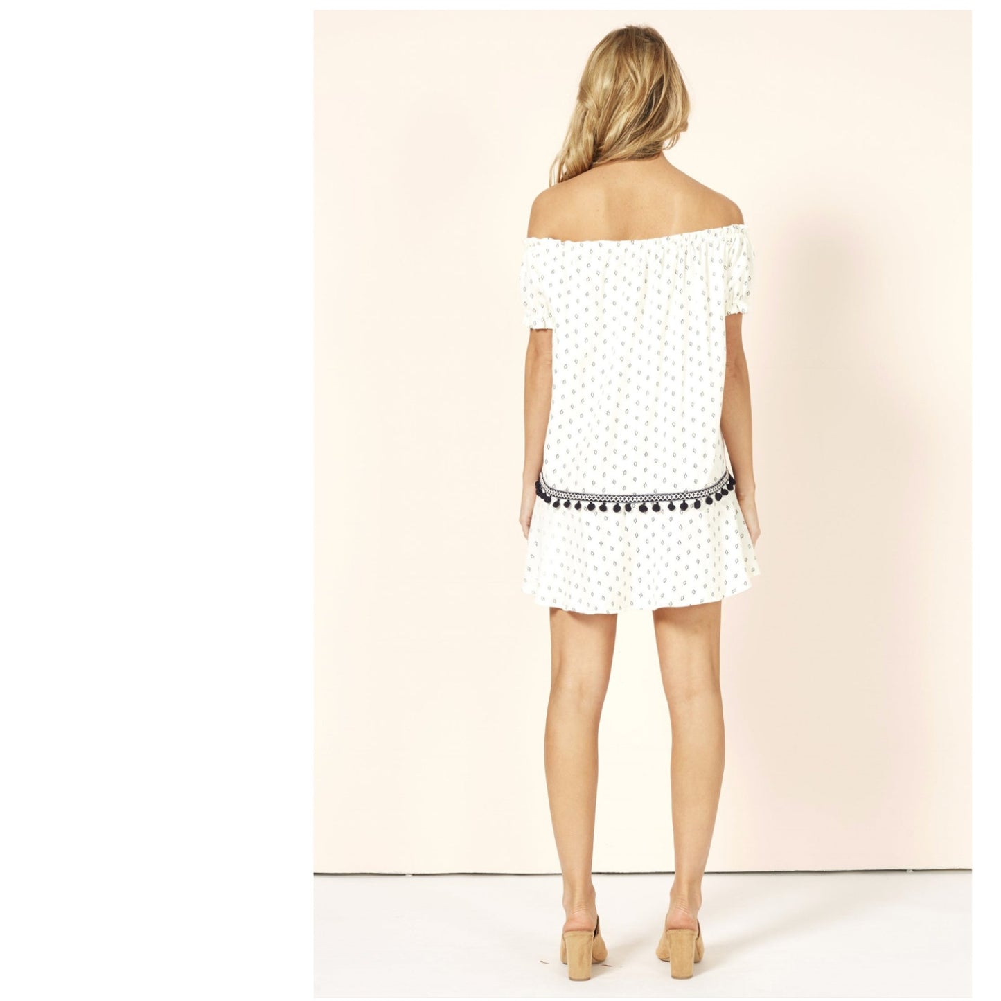 Minkpink Off-Shoulder Common Ground Cream Black Ruffle Mini Dress Pom Tassel XS