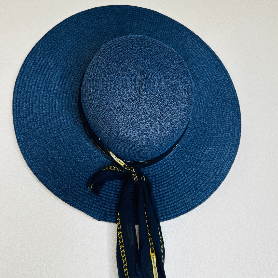 PG Accessories Navy Blue Paper Straw Summer Hat Tie Sash