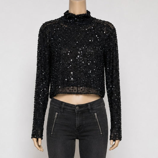 Dyspnea Sheer Black Sequin Mesh Mock Neck Long Sleeve Crop Top Hand Beaded Small