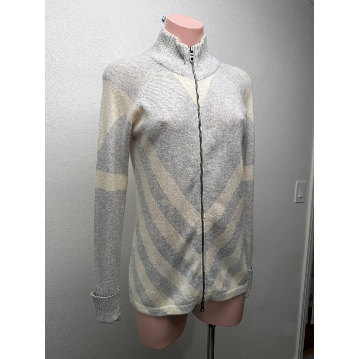 Minnie Rose Gray Ivory Cashmere Zip Cardigan Women S