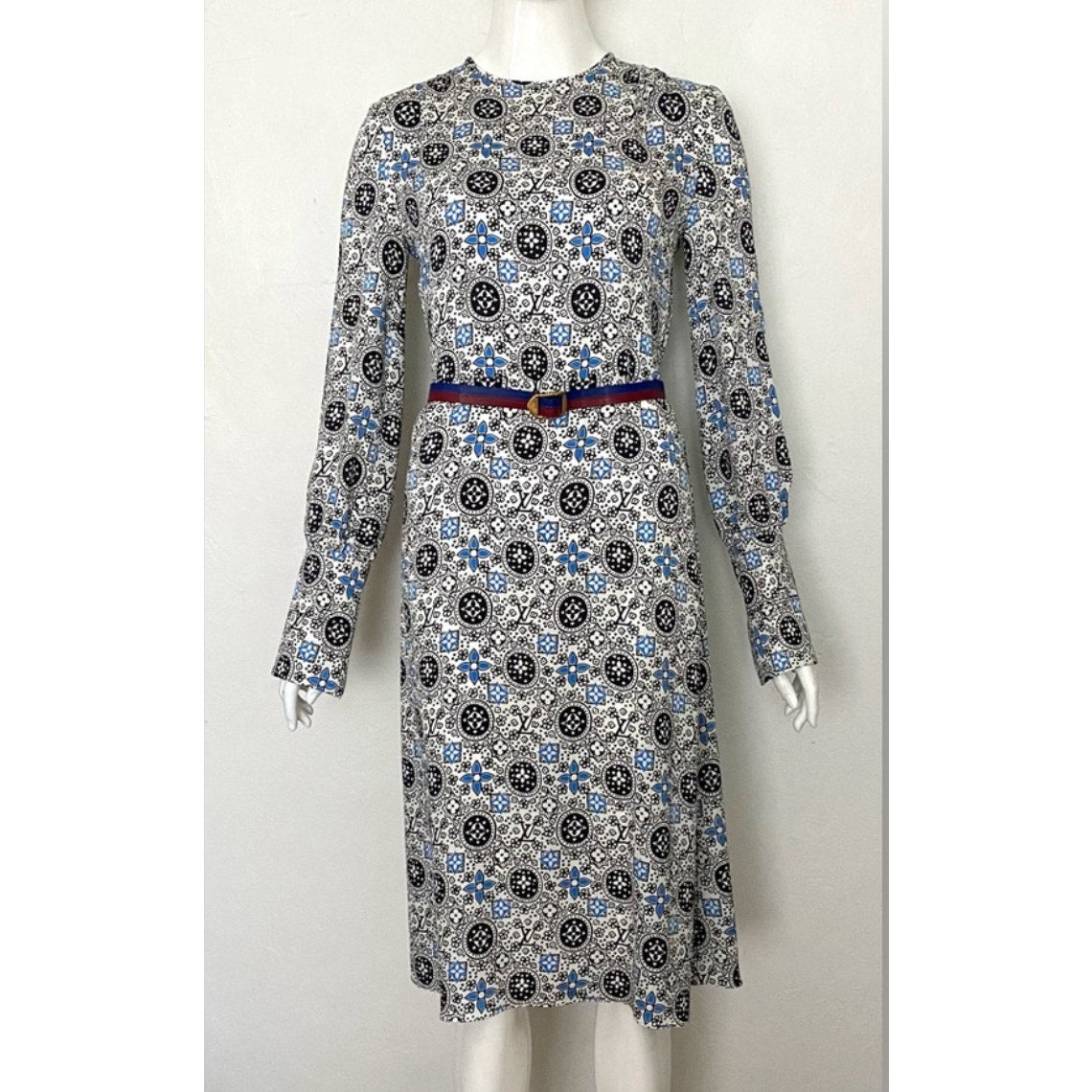 Louis Vuitton Silk Belted Print Midi Dress Runway White Black Blue 42 / 10