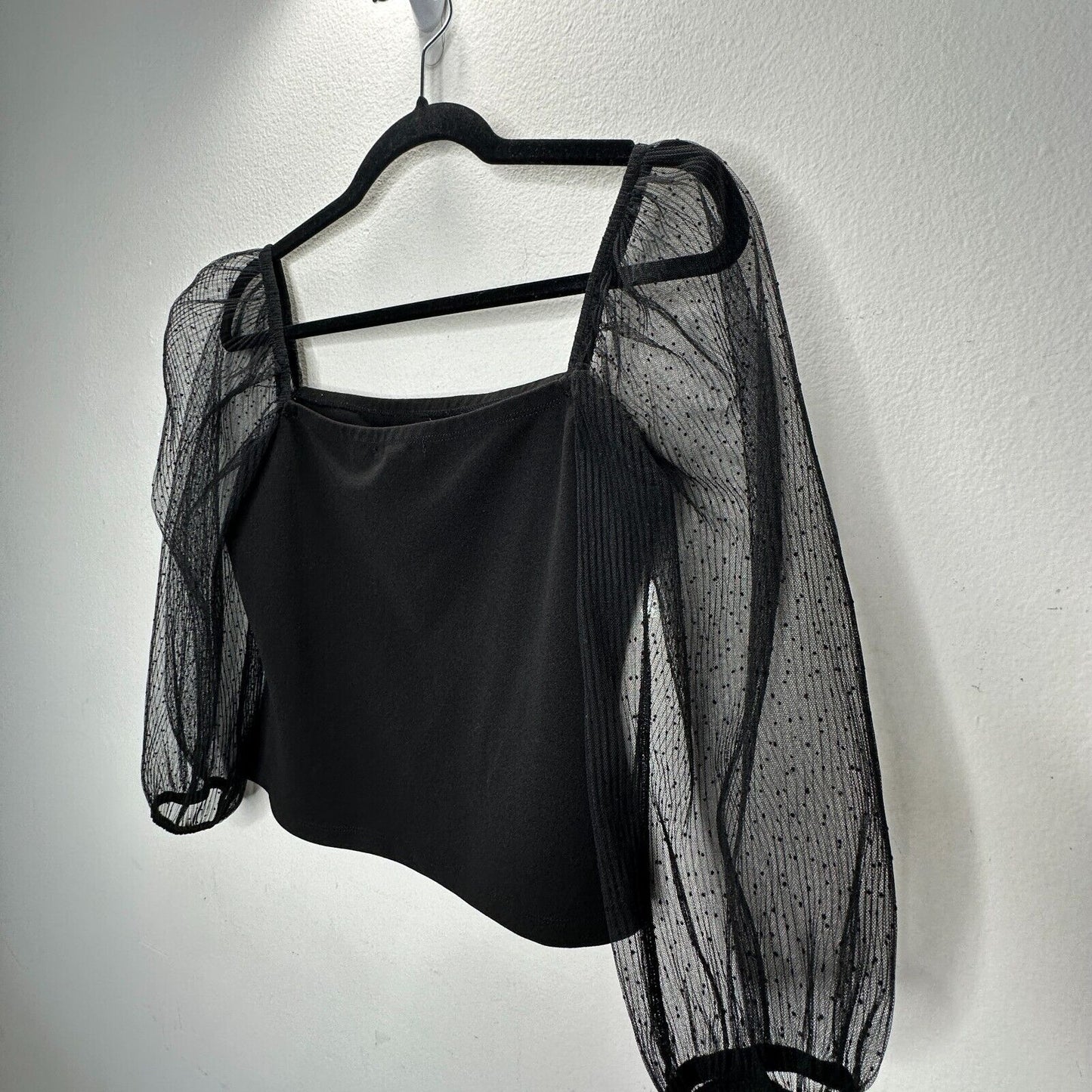 Socialite Black Square Neck Sheer Polka Dot Mesh Balloon Sleeve Crop Top M