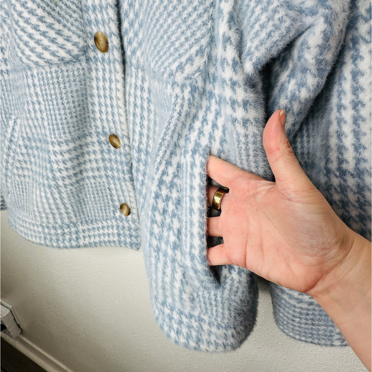 Greylin Blue & White Houndstooth Check Plaid Button Front Collared Jacket L