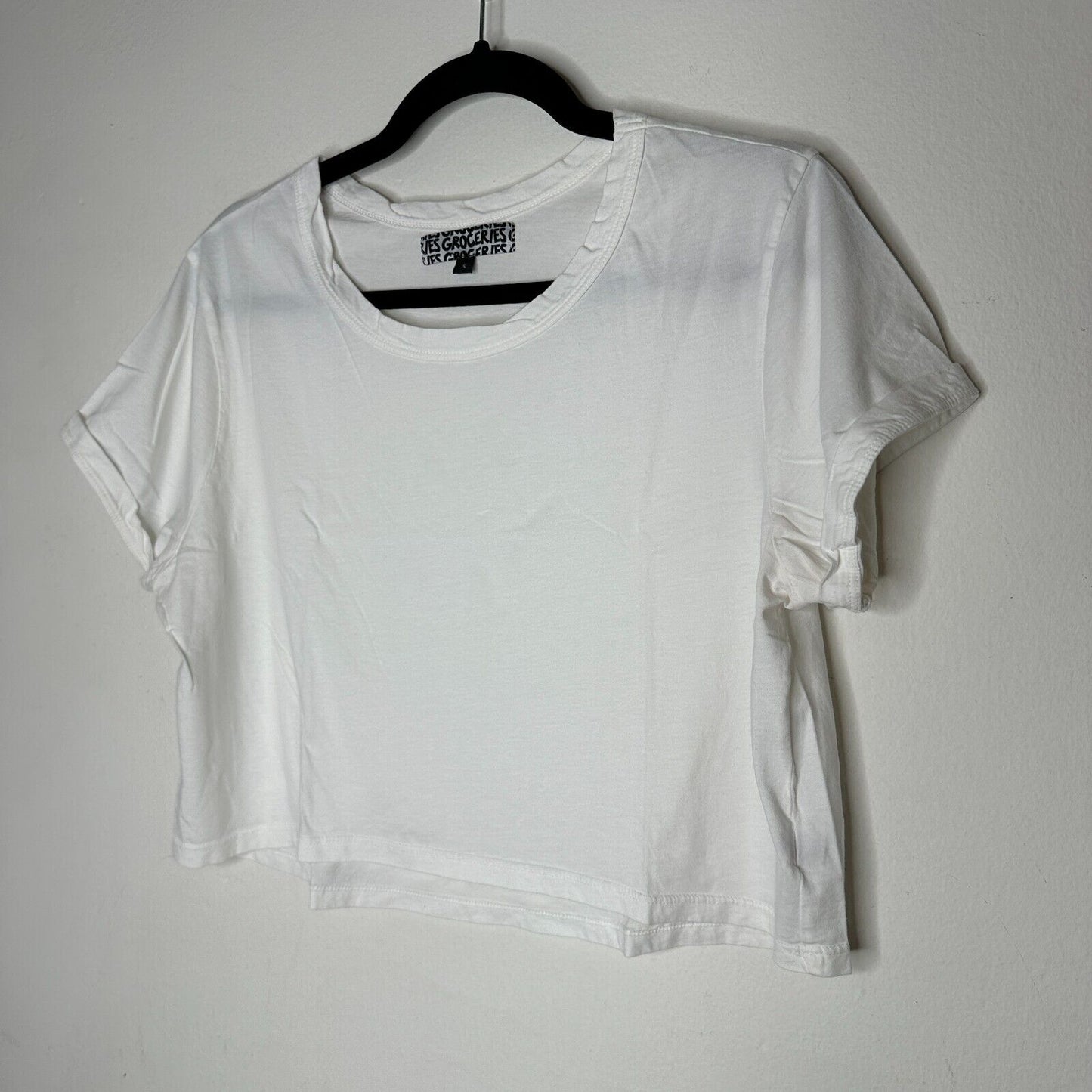 Groceries White Round Neck Short Sleeve Crop Top 100% Organic Cotton Tee Small
