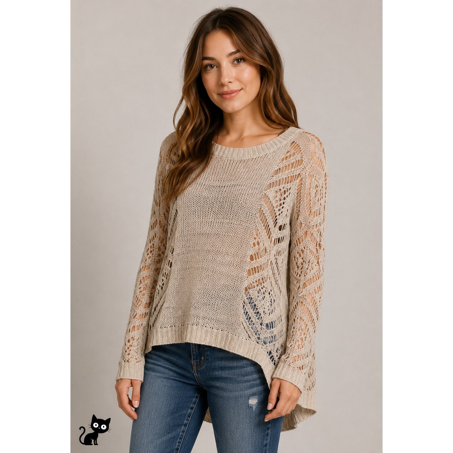 Staring at Stars Beige Tan Open Stitch Thin Round Neck Sweater Small
