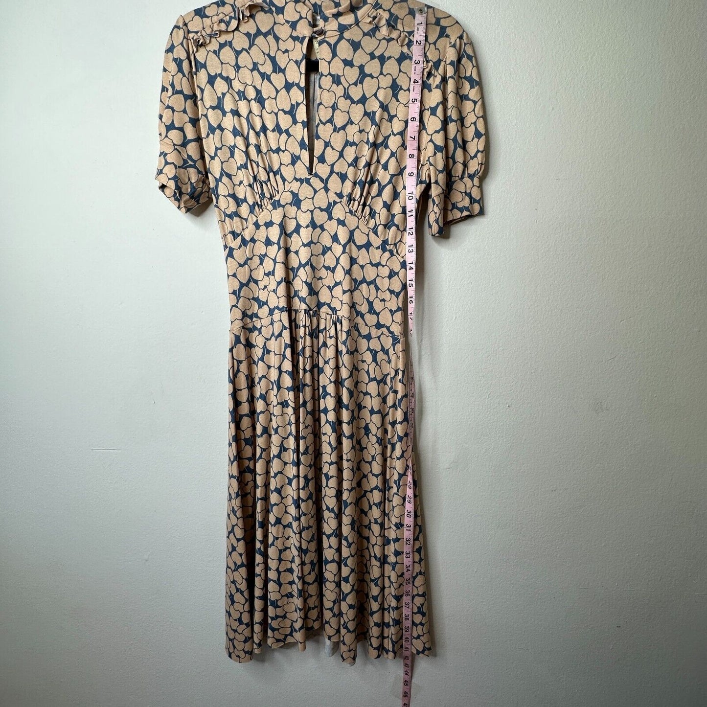 Maria Bonita Extra Blue & Tan Heart Keyhole Front Short Sleeve Mid Dress Med