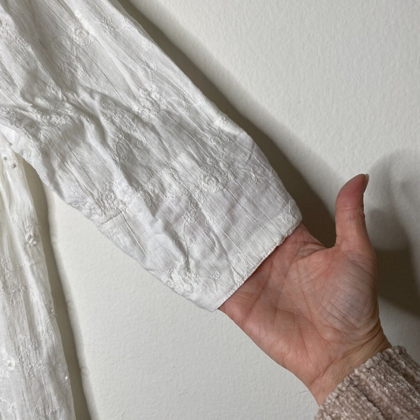 Antica Sartoria Gauze and Crochet Beaded Half Button White Dress 3/4 Sleeves S