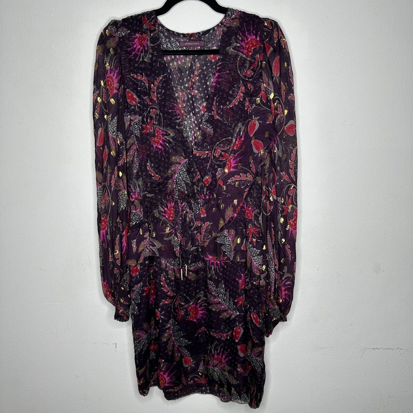 Marchesa Voyage Burgundy 100% Silk Flounce Peplum V Neck Long Sleeve Dress 8