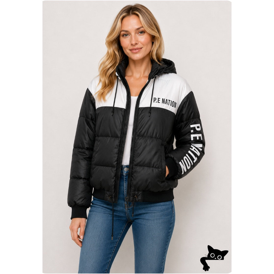 PE Nation Black & White Lead Right Logo Print 004 Zip Lined Puffer Jacket XS