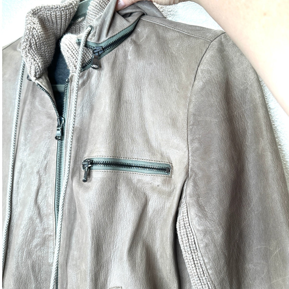 Haute Hoodie Fawn Taupe Lamb & Ribbed Knit Front Zip Hoodie Jacket S