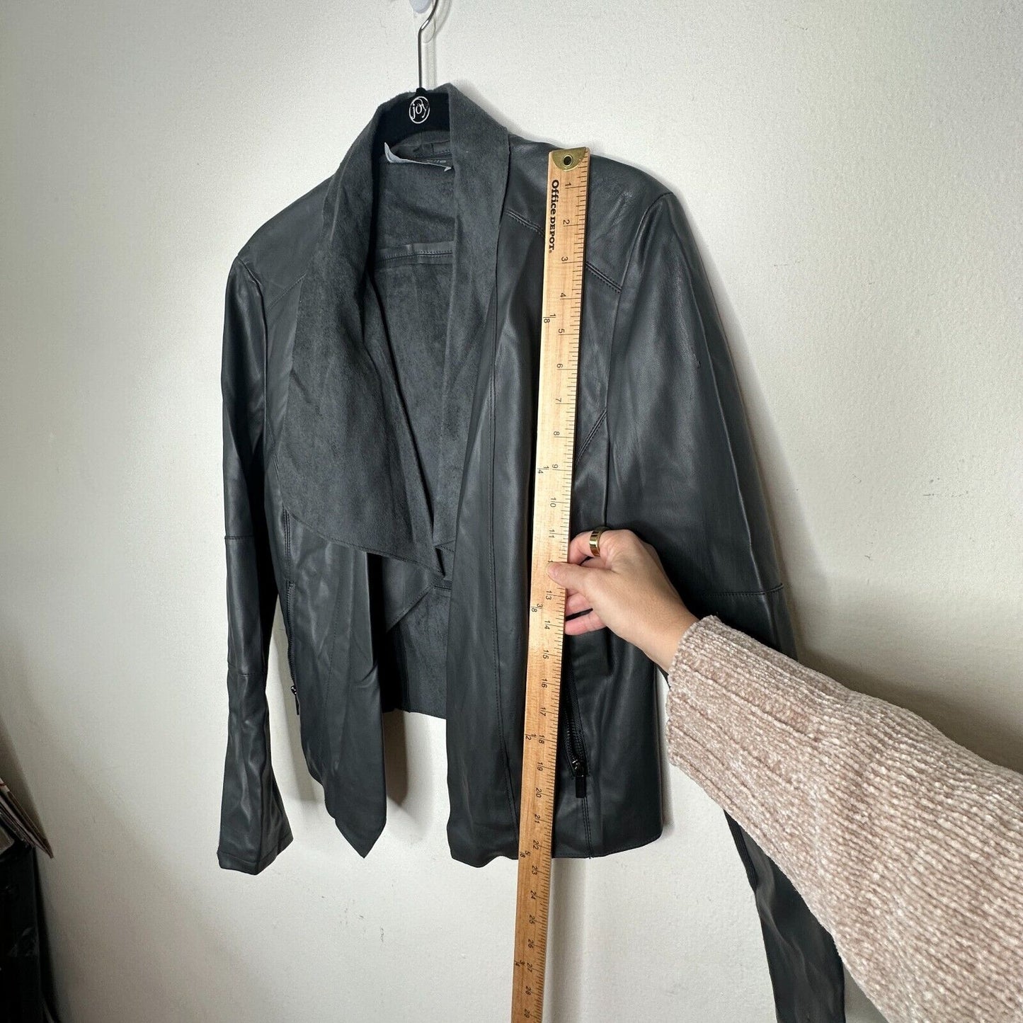 Bagatelle Pewter Gray Faux Leather Open Front Waterfall Jacket Zip Pocket Medium