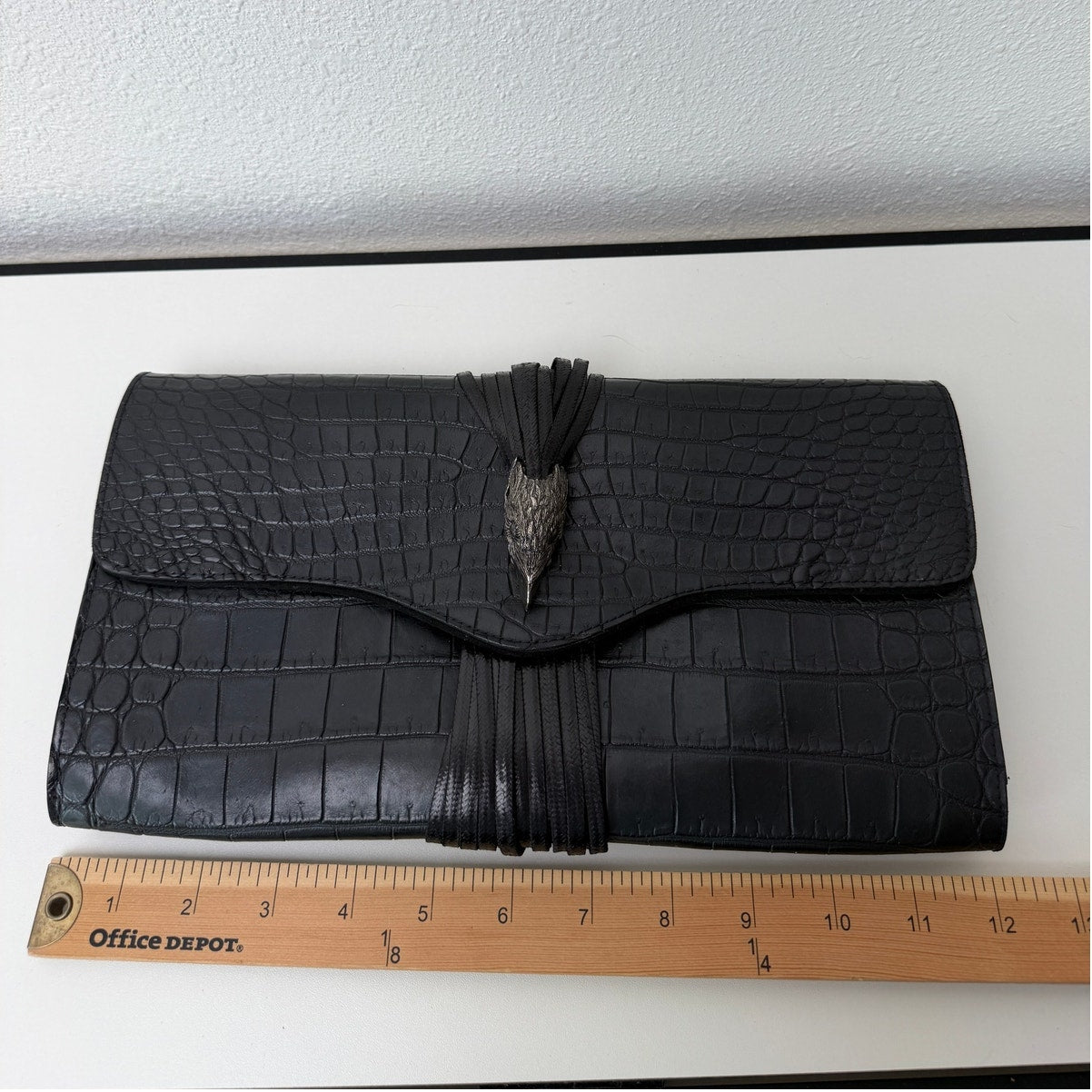 RARE Raven Kauffman Couture Black Croc Leather Bird Head Envelope Clutch Bag