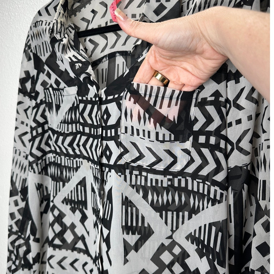 Eight Sixy Black & Gray Aztec Print Sheer Button Long Sleeve Blouse S