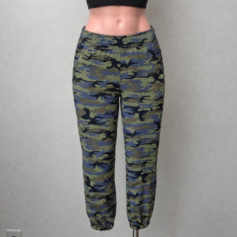 Sanctuary Green Black Blue Camo Print Cinch Waist Banded Joggger S
