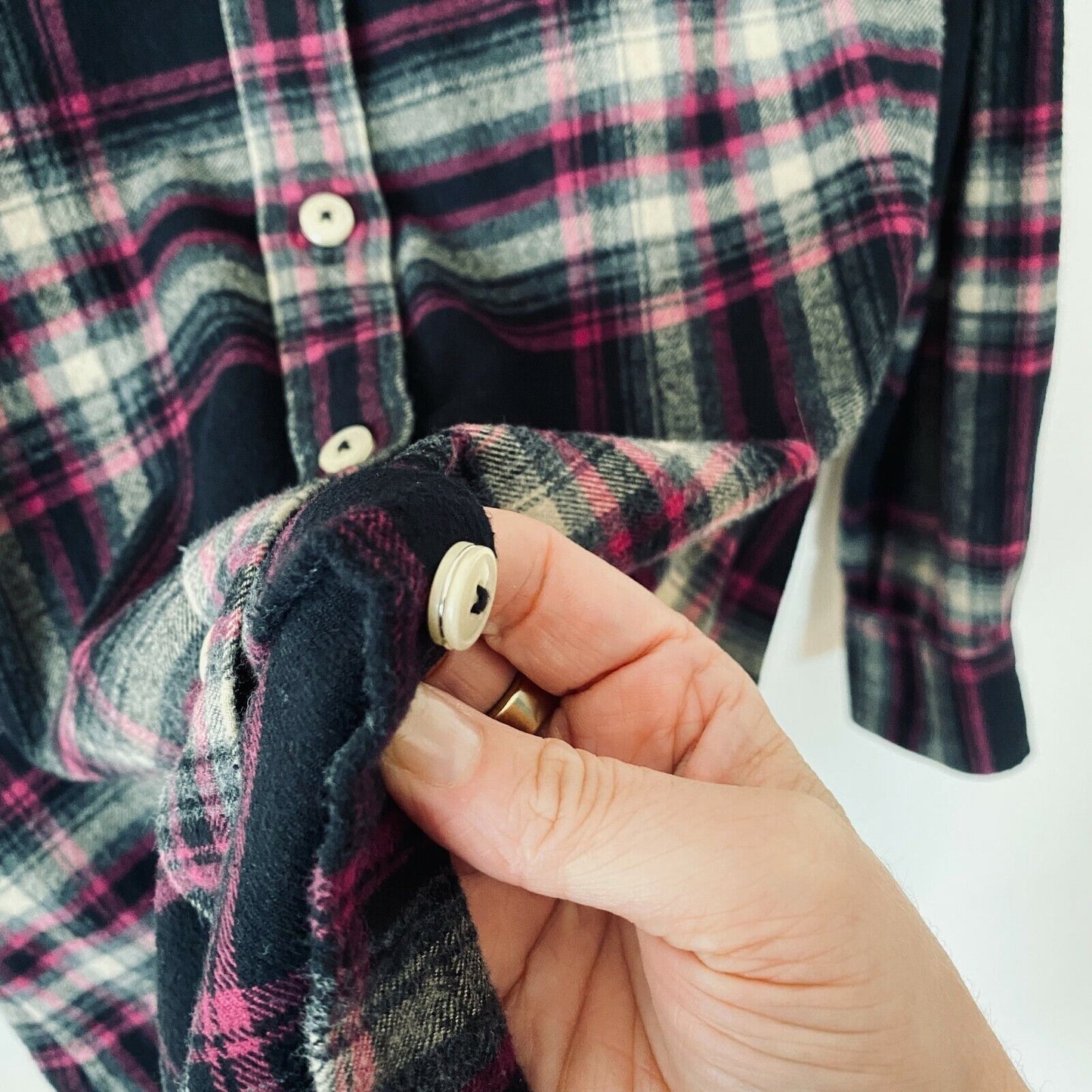 Soft Surroundings Magenta Black Plaid Button Elbow Patch Embroidered Pocket M