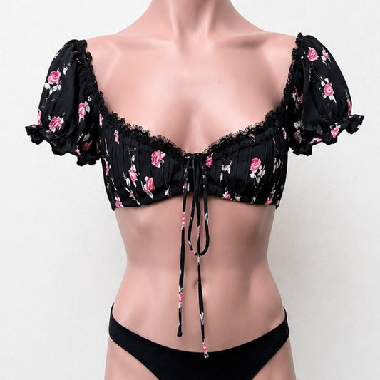 Rat & Boa Bonita Chic Satin Black Pink Floral Tie Top Sweetheart Neck Lace S