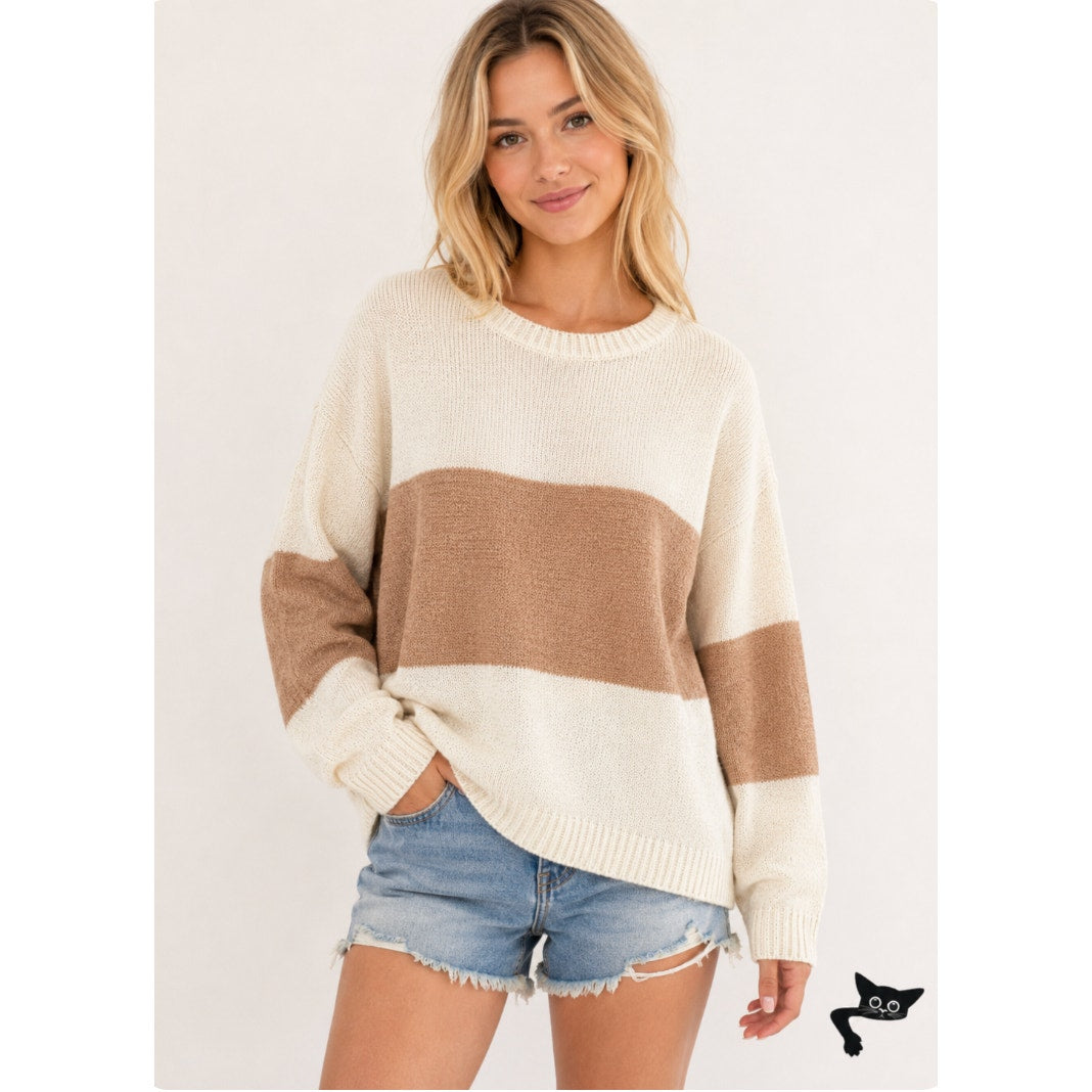 Newbury Kustom Long Sleeve Peach and Cream Color Block Round Neck Sweater M